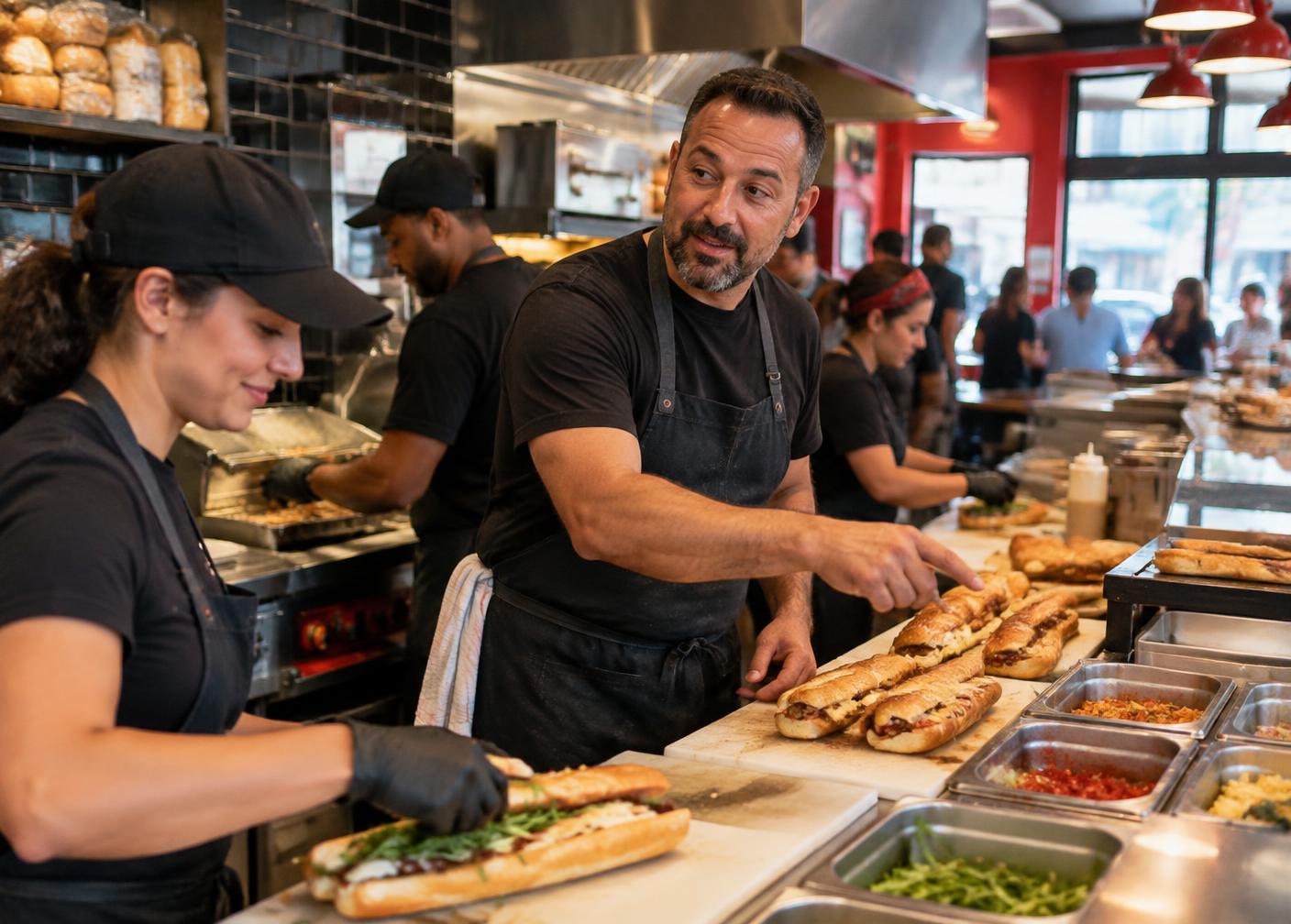 Owner-operator leading a restaurant team during service
